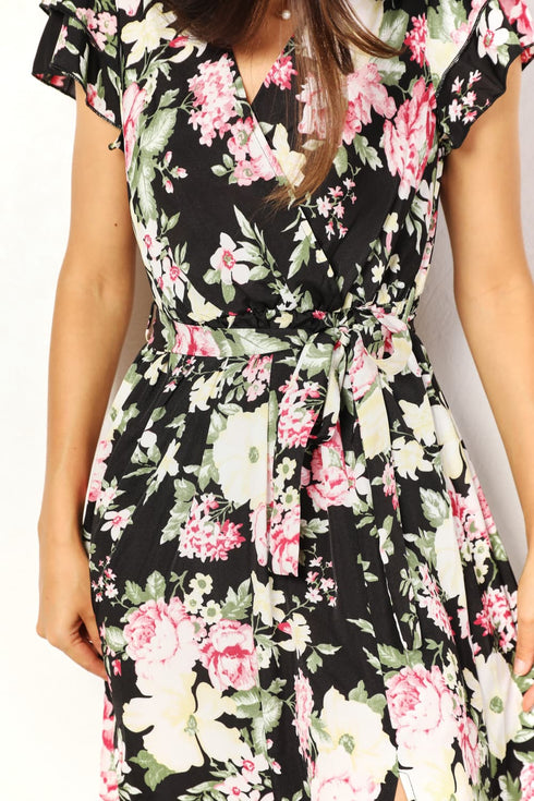 Perfee Floral Flutter Sleeve Tie-Waist Split Dress - Fashorio