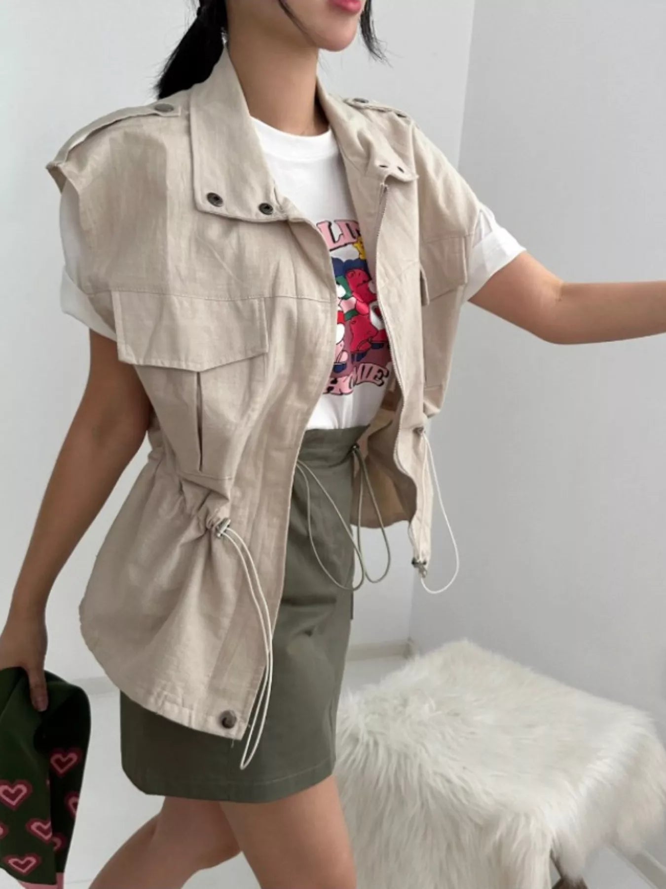 Drawstring Zip Up Vest Coat - Fashorio