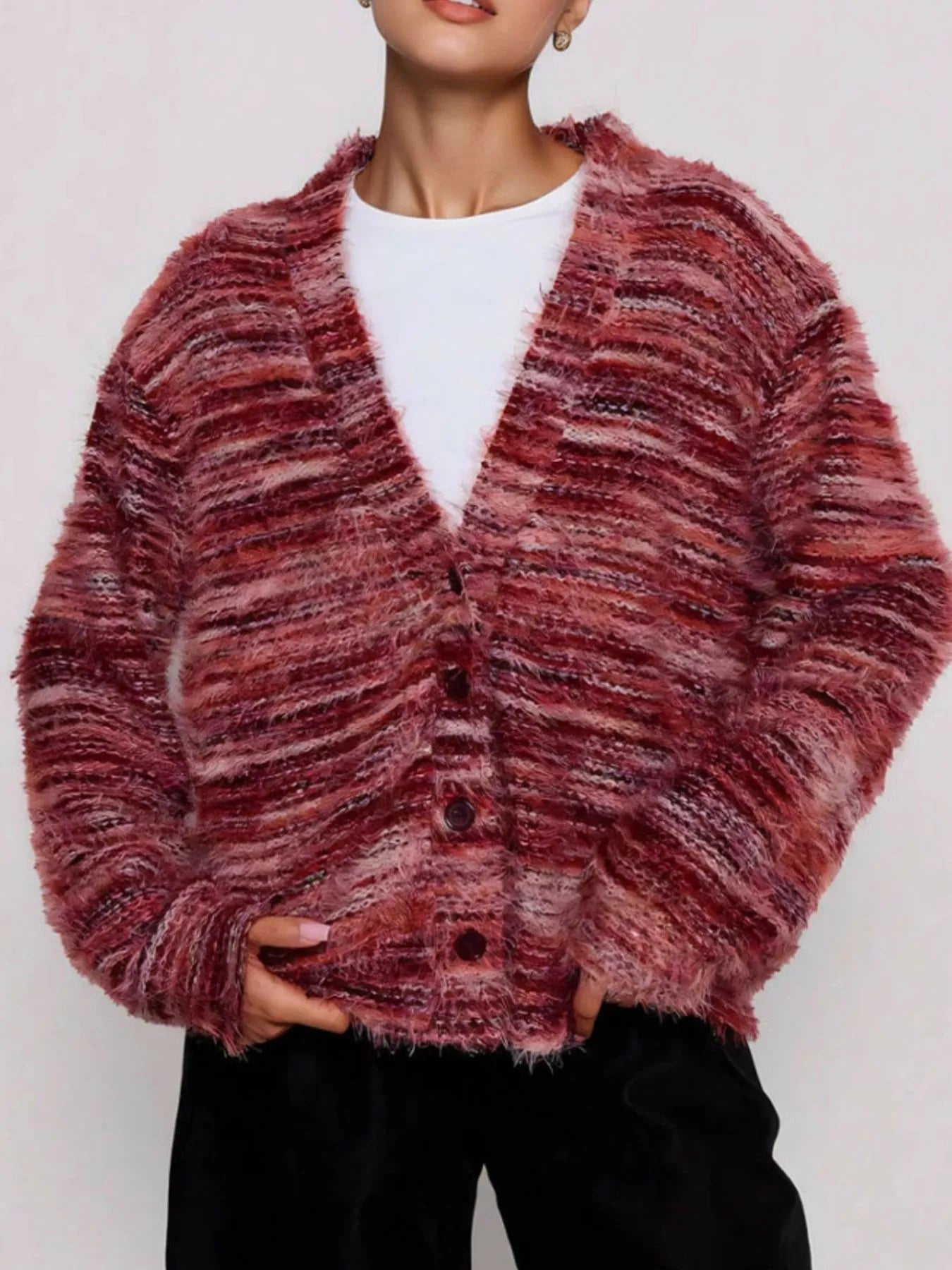 Fuzzy Button Down Chunky Cardigan Cerise - Fashorio