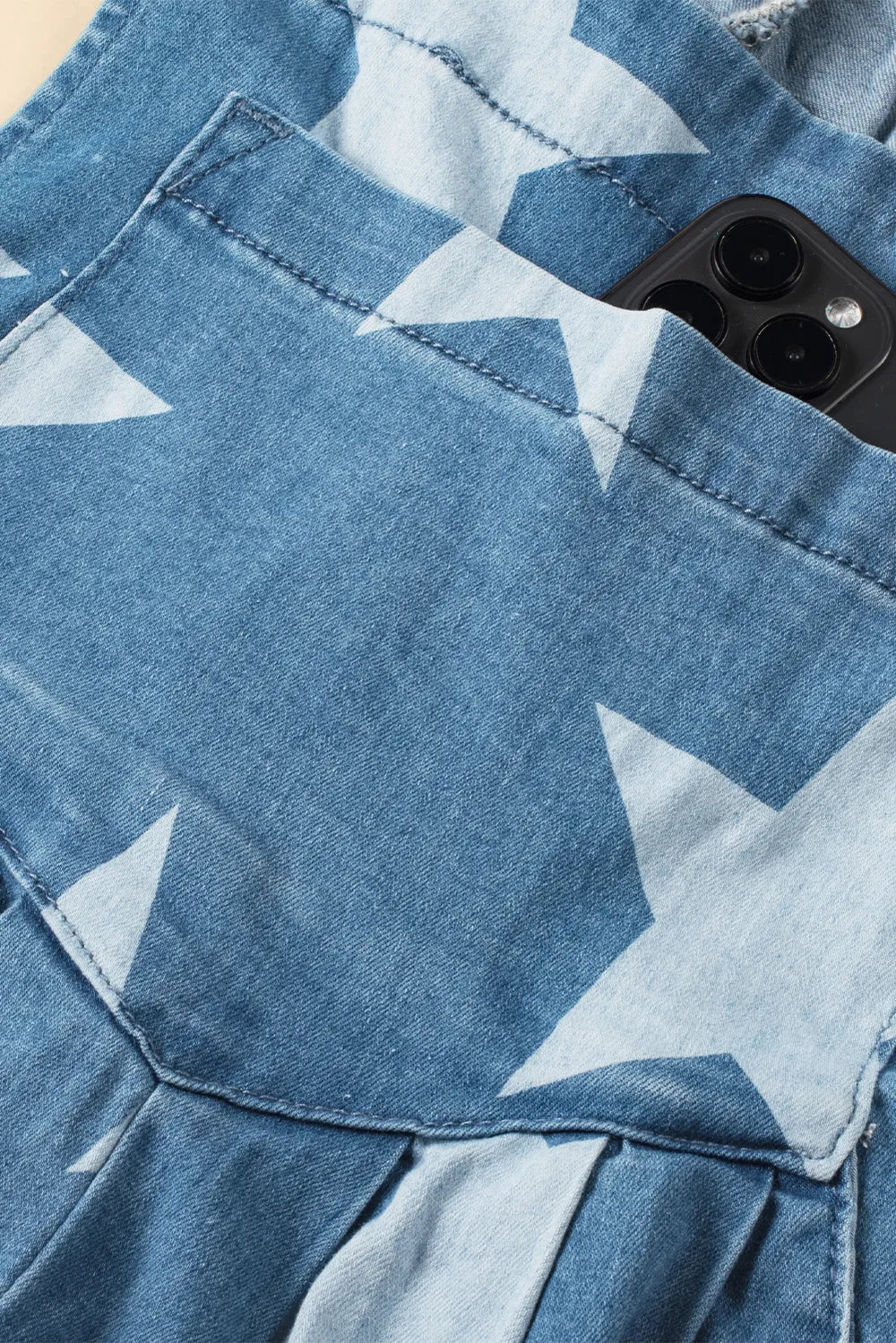 Star Print Buttoned Strap Wide Leg Denim Overalls - Fashorio