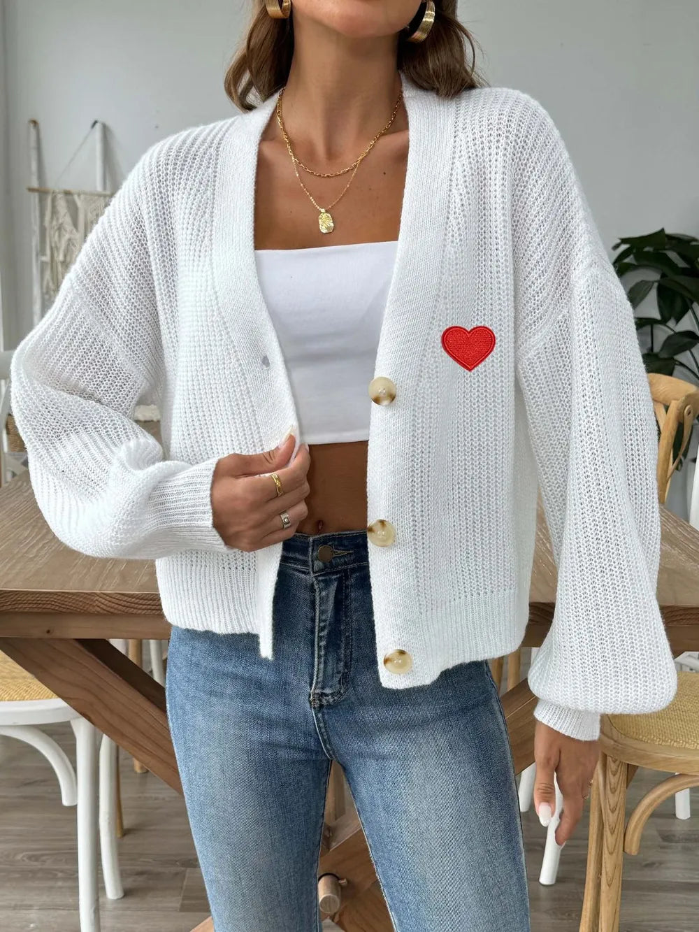 Heart Button Down V-Neck Long Sleeve Cardigan - Fashorio