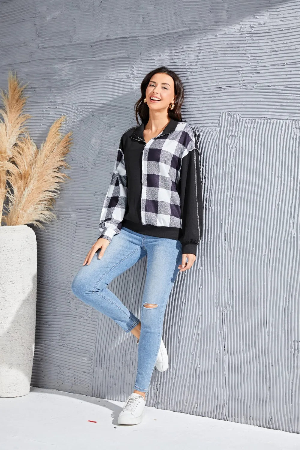 Plaid Exposed Seam Long Sleeve Blouse - Fashorio
