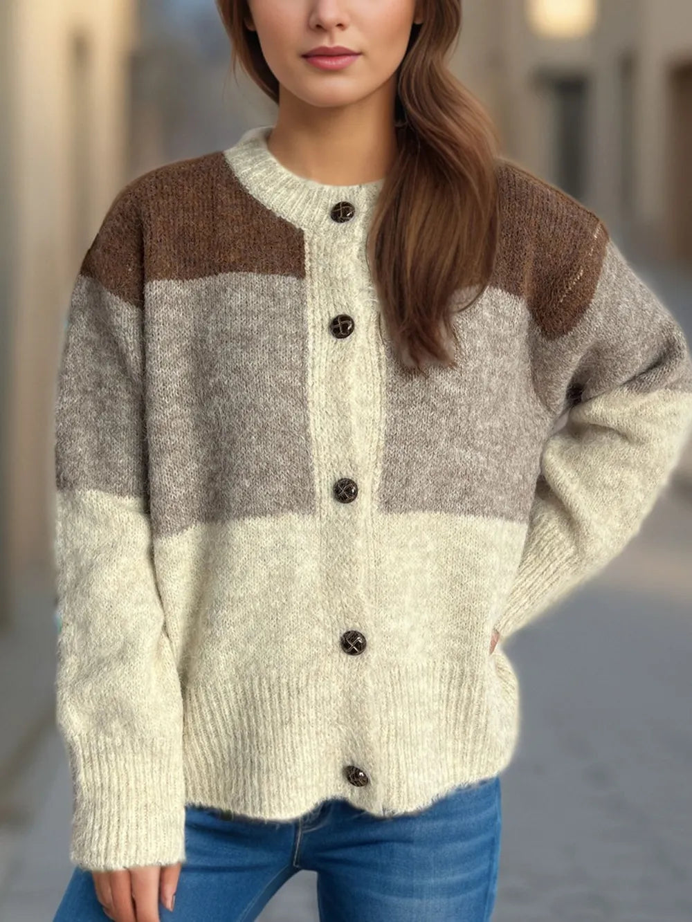 Color Block Round Neck Button Up Cardigan - Fashorio