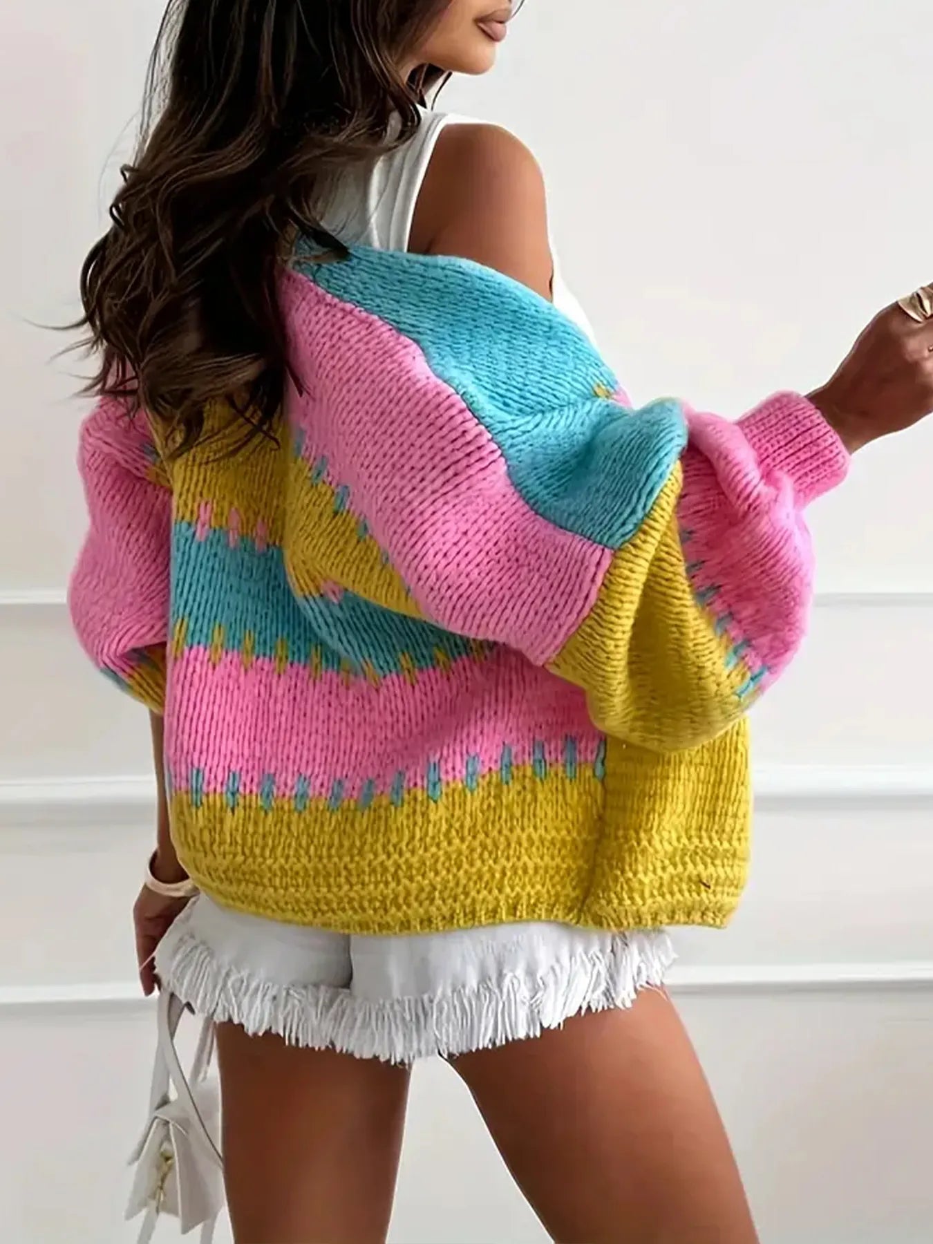 Color Block Drop Shoulder Cardigan - Fashorio