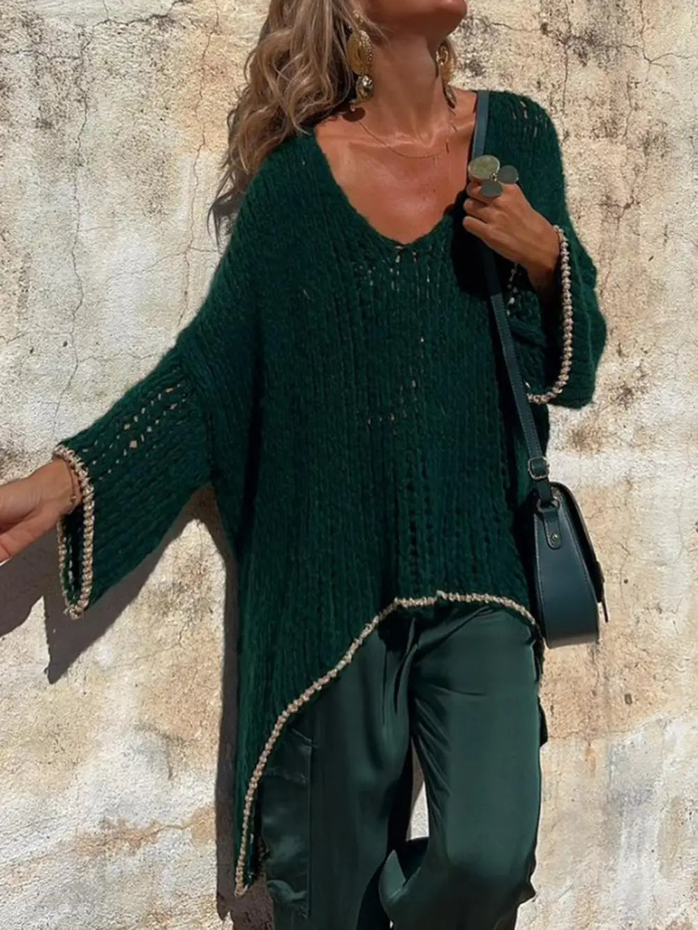 Contrast V-Neck Long Sleeve Sweater - Fashorio