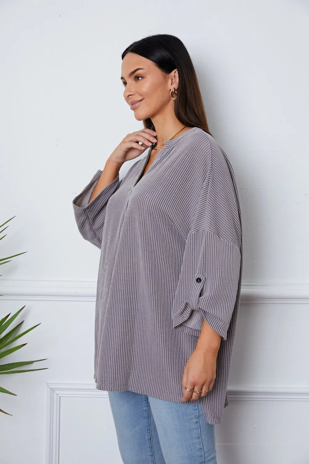 Notched Roll-Tab Sleeve Blouse - Fashorio