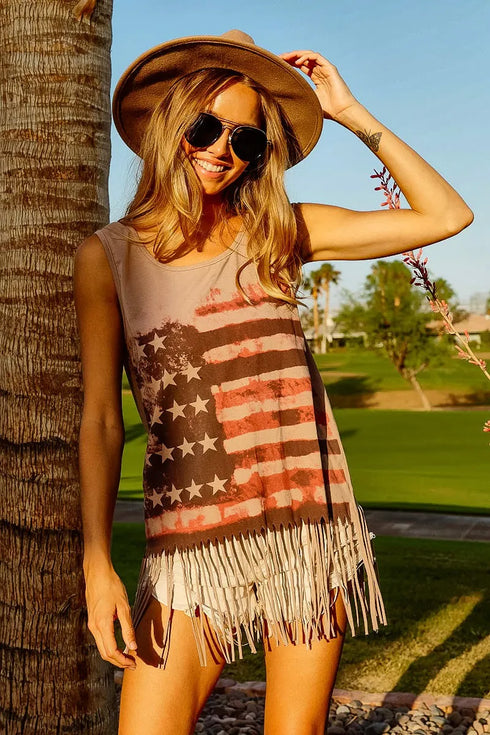 BiBi American Flag Print Knit Sleeveless Top - Fashorio