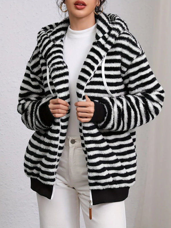 Striped Fuzzy Zip Up Hooded Outerwear Black - Fashorio