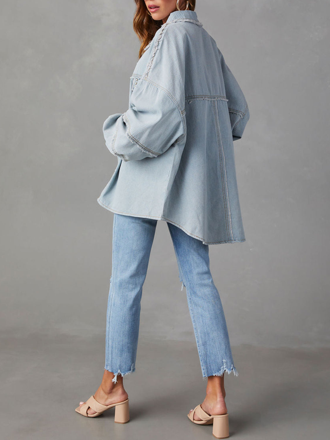 Button Down Raw Hem Denim Jacket - Fashorio