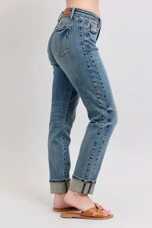 Judy Blue Full Size Mid Rise Vintage Wash Double Roll Cuff Boyfriend Jeans Plus Size - Fashorio