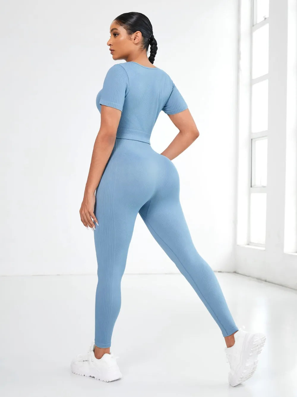 Round Neck Short Sleeve Top and Leggings Active Set - Fashorio