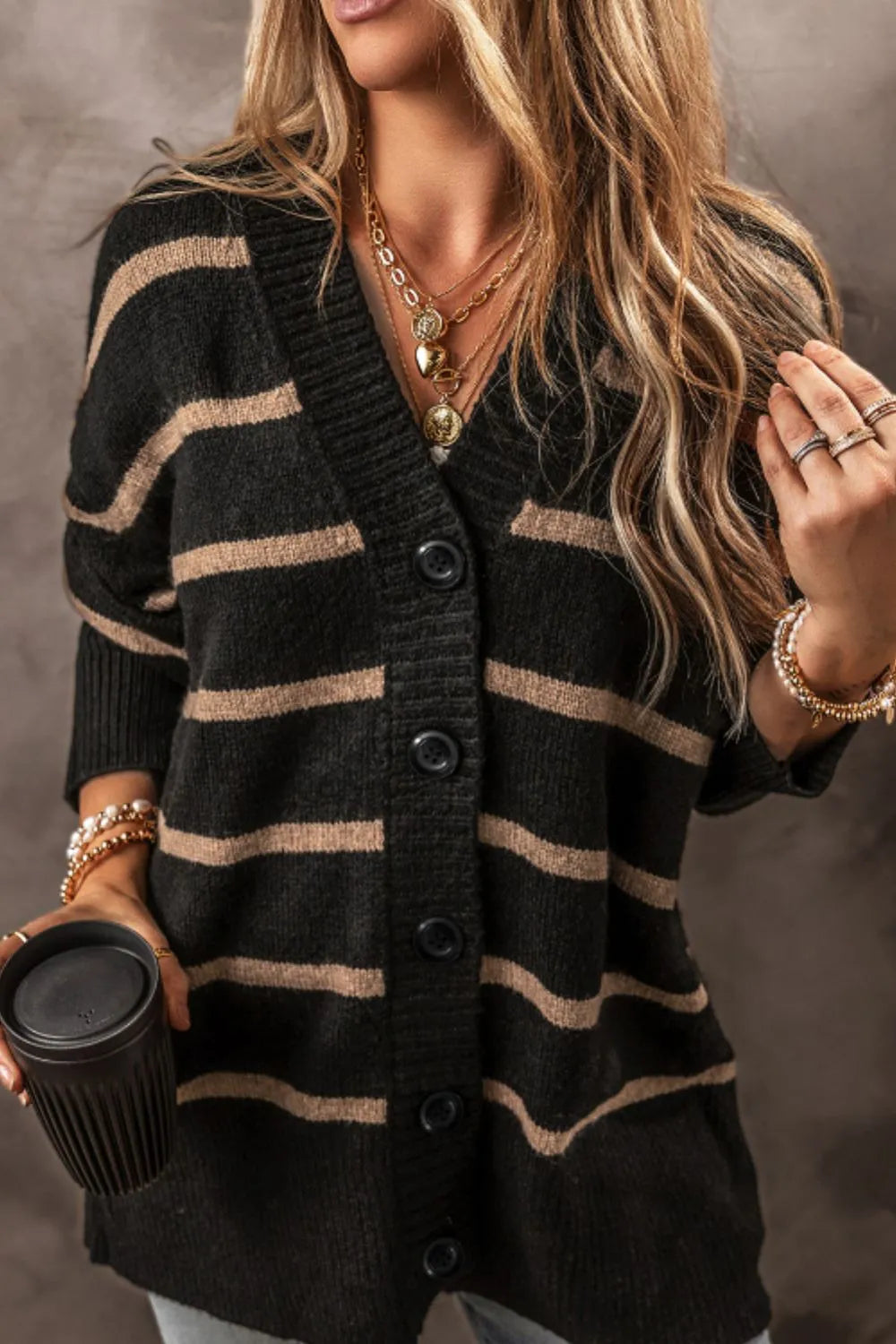 Striped Button Down Long Sleeve Cardigan - Fashorio