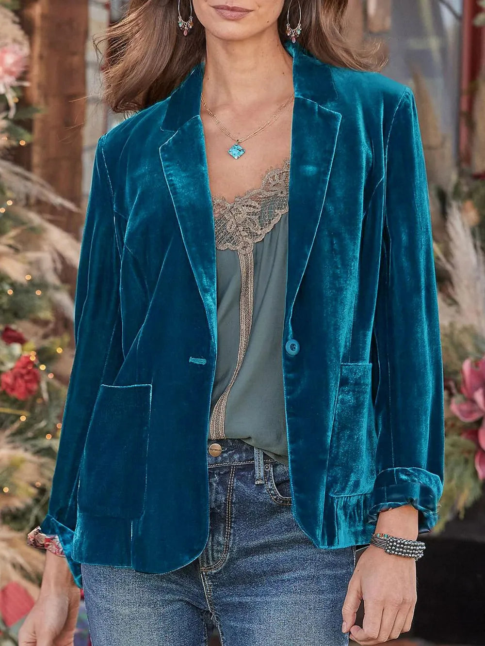 Pocketed Button Up Lapel Collar Blazer Peacock Blue - Fashorio