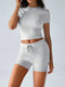 Round Neck Short Sleeve Top and Shorts Set White Flower Ash - Fashorio