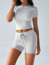 Round Neck Short Sleeve Top and Shorts Set White Flower Ash - Fashorio