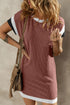 Textured Round Neck Short Sleeve Dress – Comfortable Everyday Style Brown - Fashorio