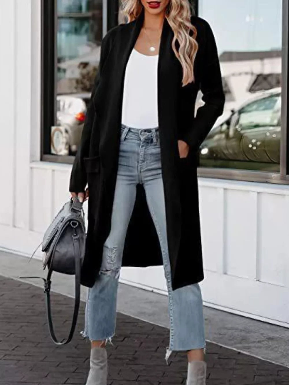 Open Front Dropped Shoulder Outerwear Black - Fashorio