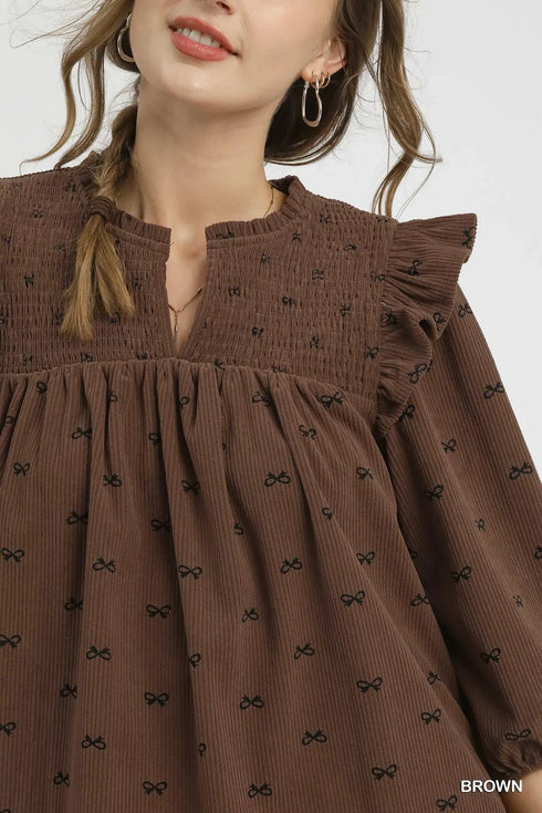 Umgee Bow Print Corduroy Puff Sleeve Blouse with Ruffled - Fashorio