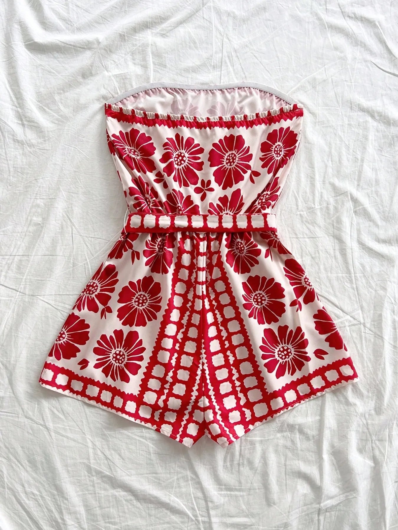 Printed Tube Tie Waist Romper - Fashorio