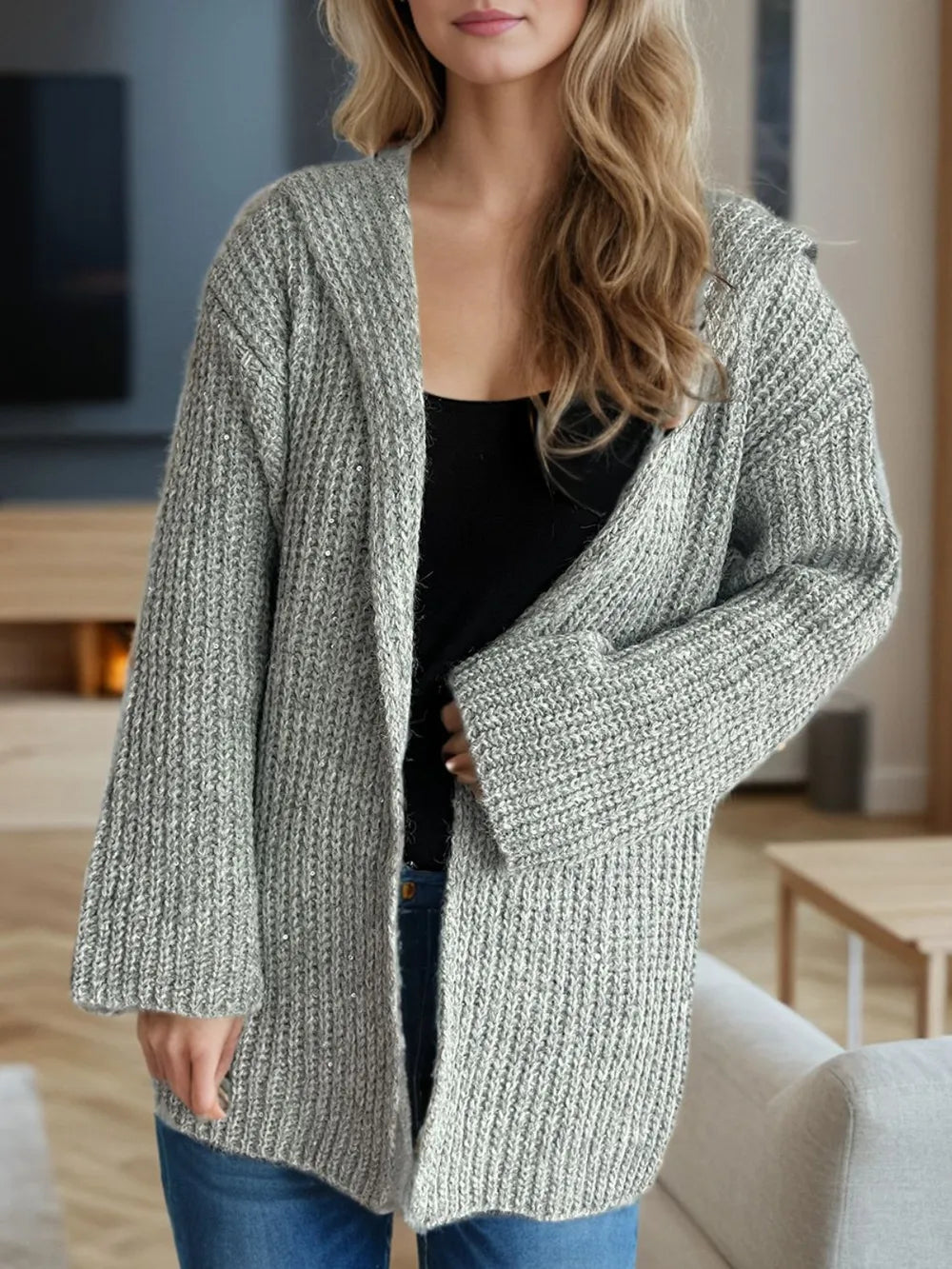 Sequin Detail Long Sleeve Hooded Cardigan - Fashorio