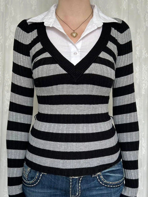 Contrast Collar Striped Long Sleeve Knit Top - Fashorio