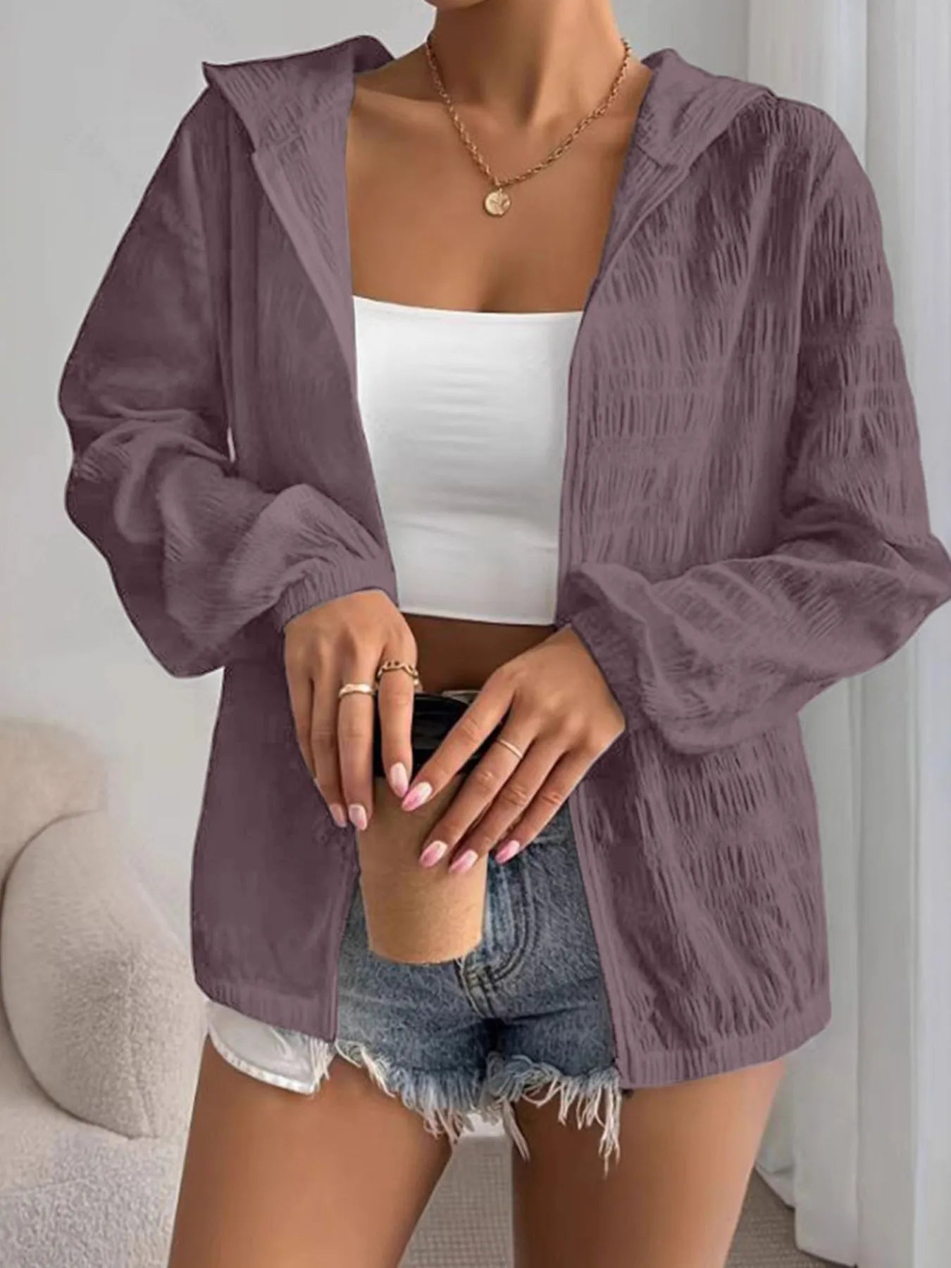 Zip Up Long Sleeve Hooded Outerwear Light Purple - Fashorio