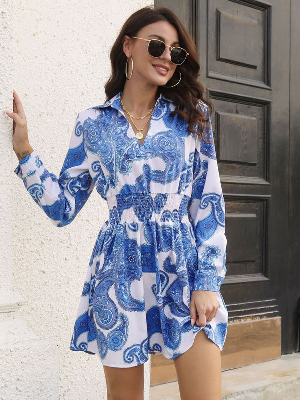 Paisley Print Johnny Collar Smocked Dress Cobalt Blue - Fashorio
