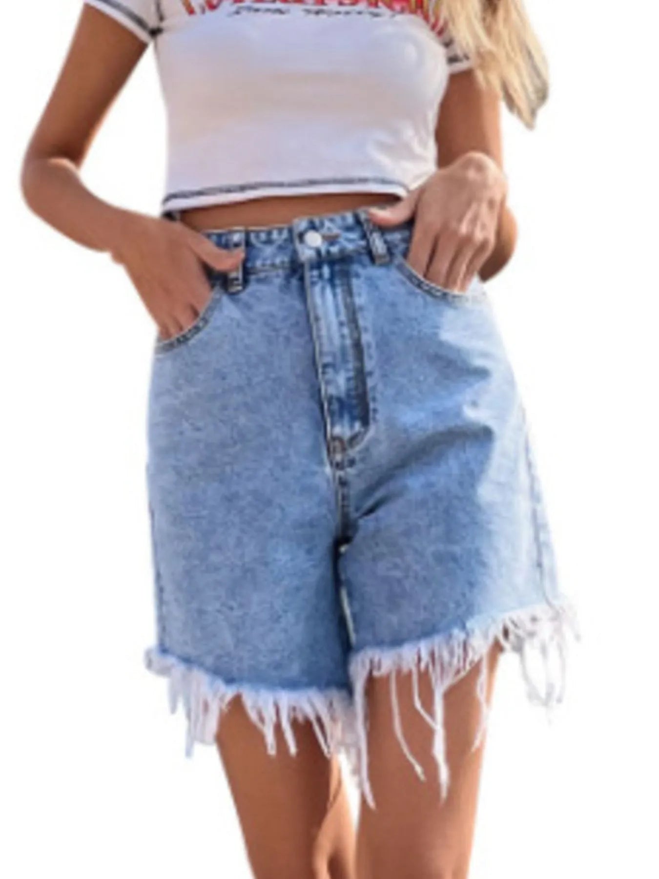 High Waisted Frayed Hem Denim Shorts - Fashorio
