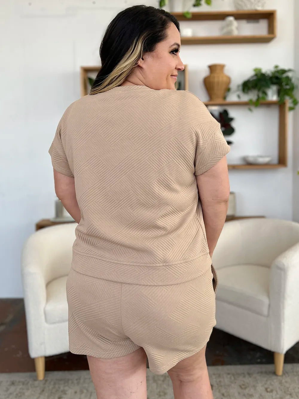 Double Take Full Size Texture Short Sleeve T-Shirt and Drawstring Shorts Set - Fashorio