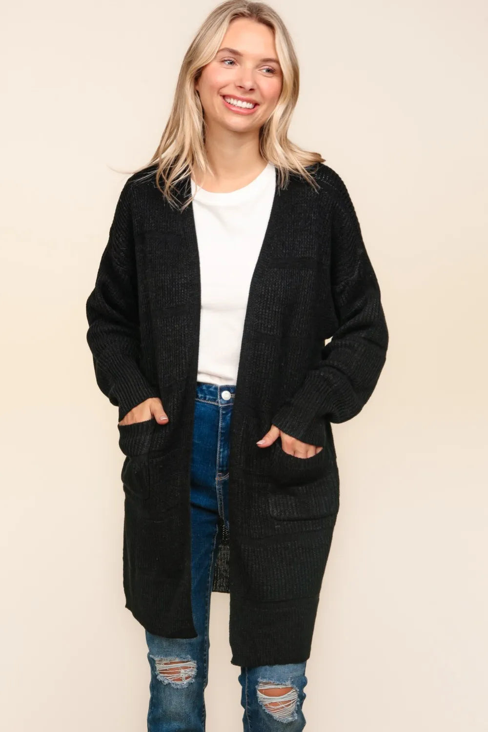 Haptics Stripe Textured Open Front Cardigan with Pockets - Fashorio