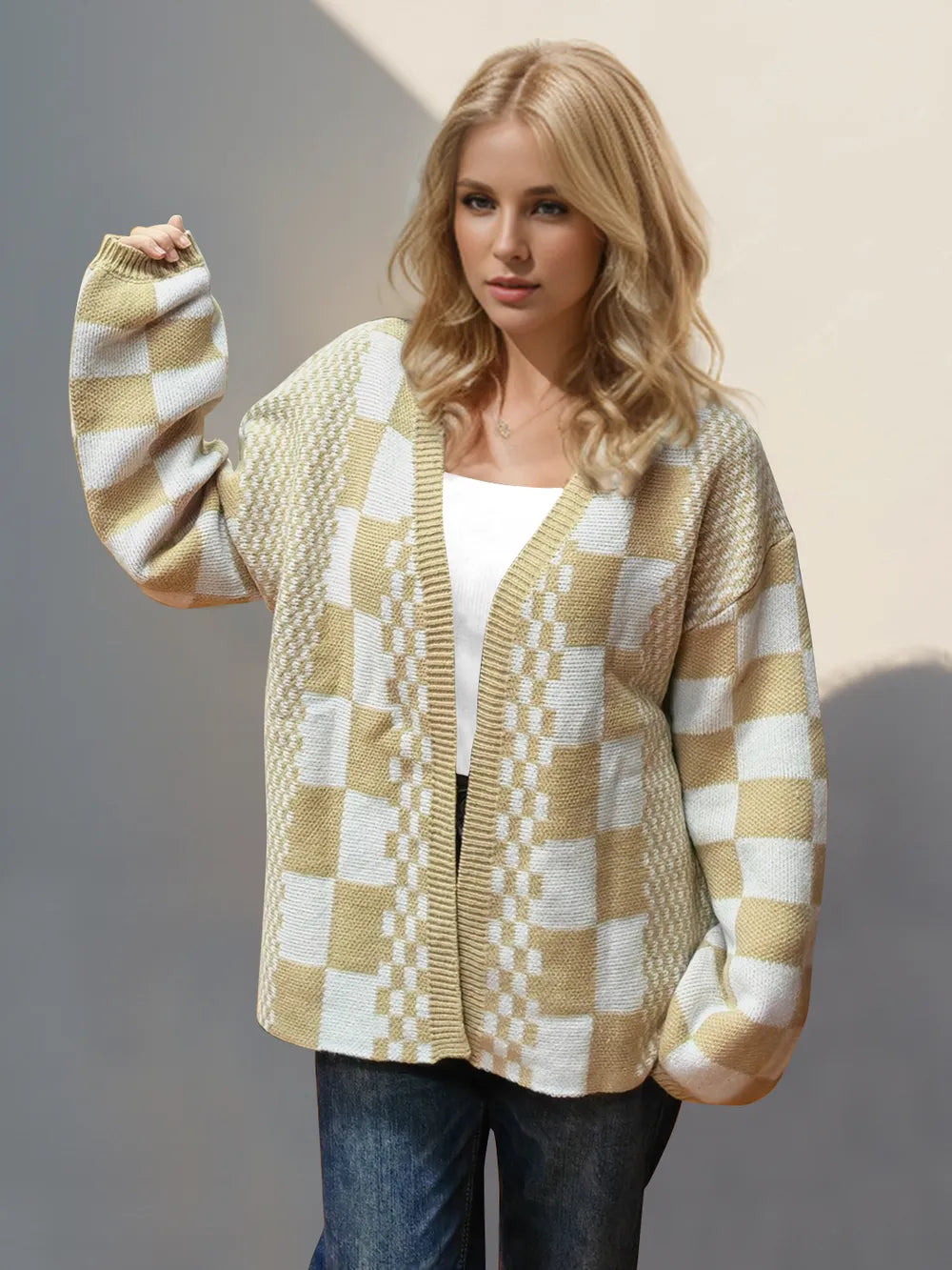 Double Take Checkered Open Front Dropped Shoulder Cardigan - Fashorio