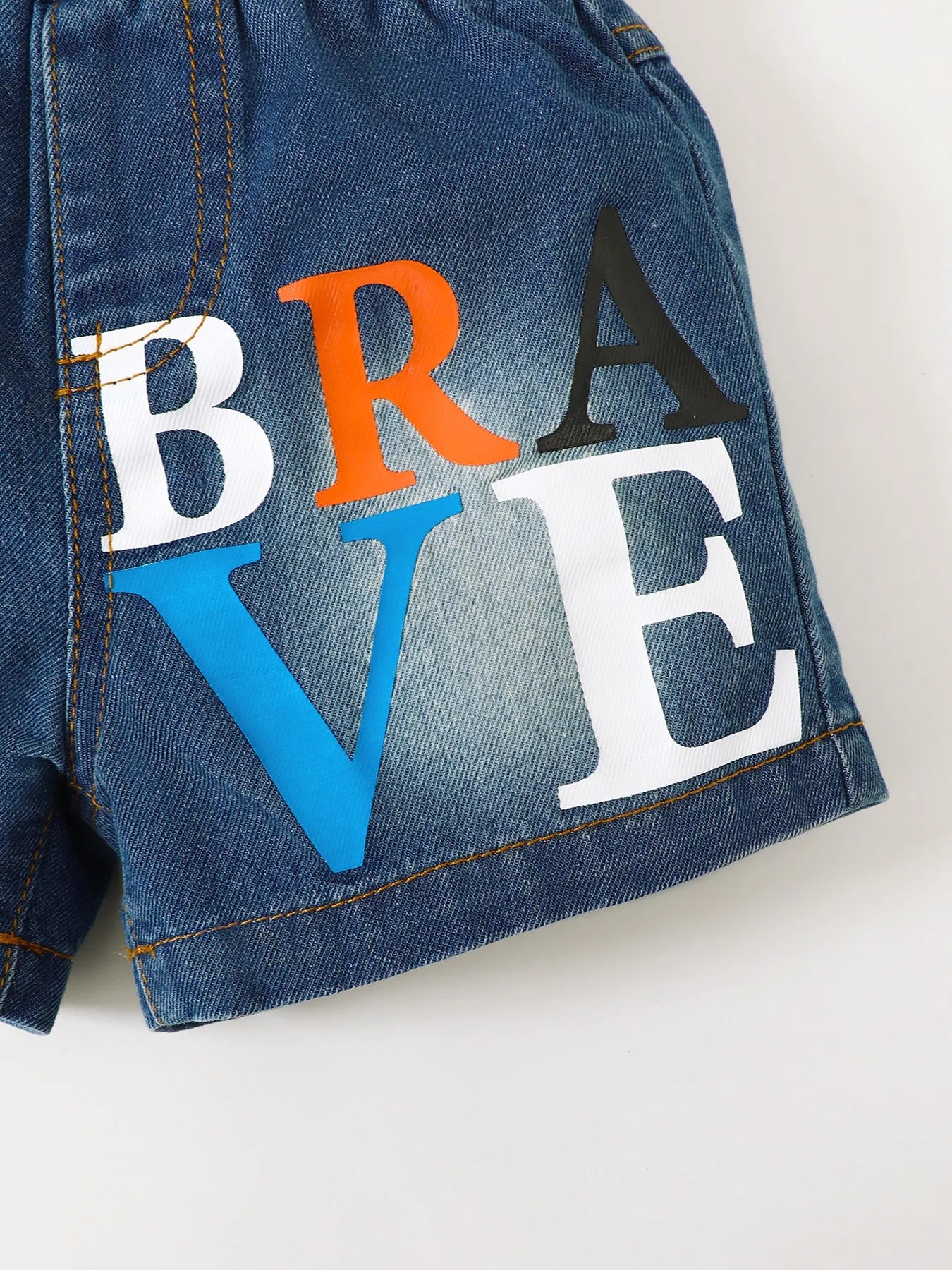 Children's Letter Round Neck Top and Denim Shorts Set - Fashorio