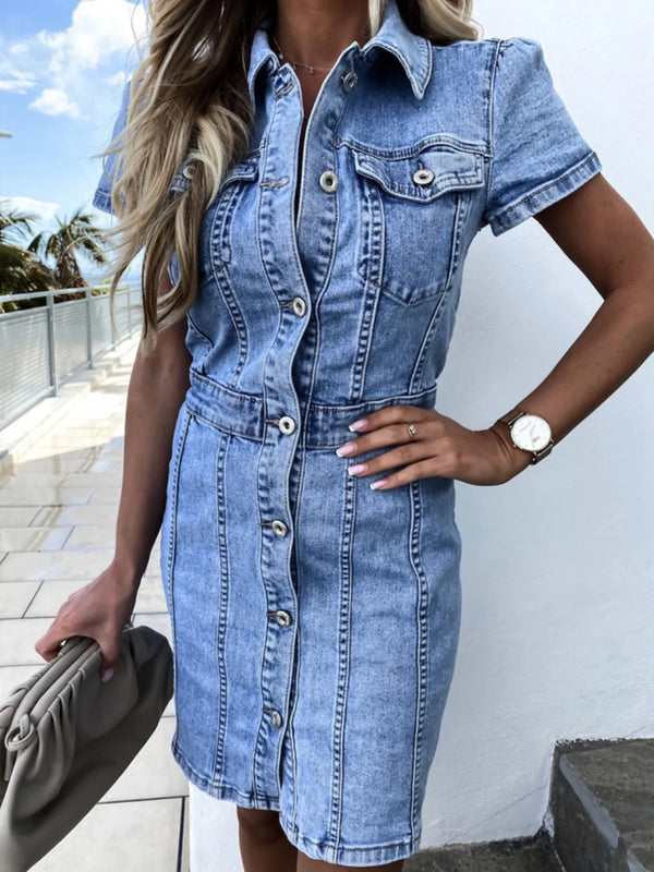 Button Front Short Sleeve Denim Dress Medium - Fashorio