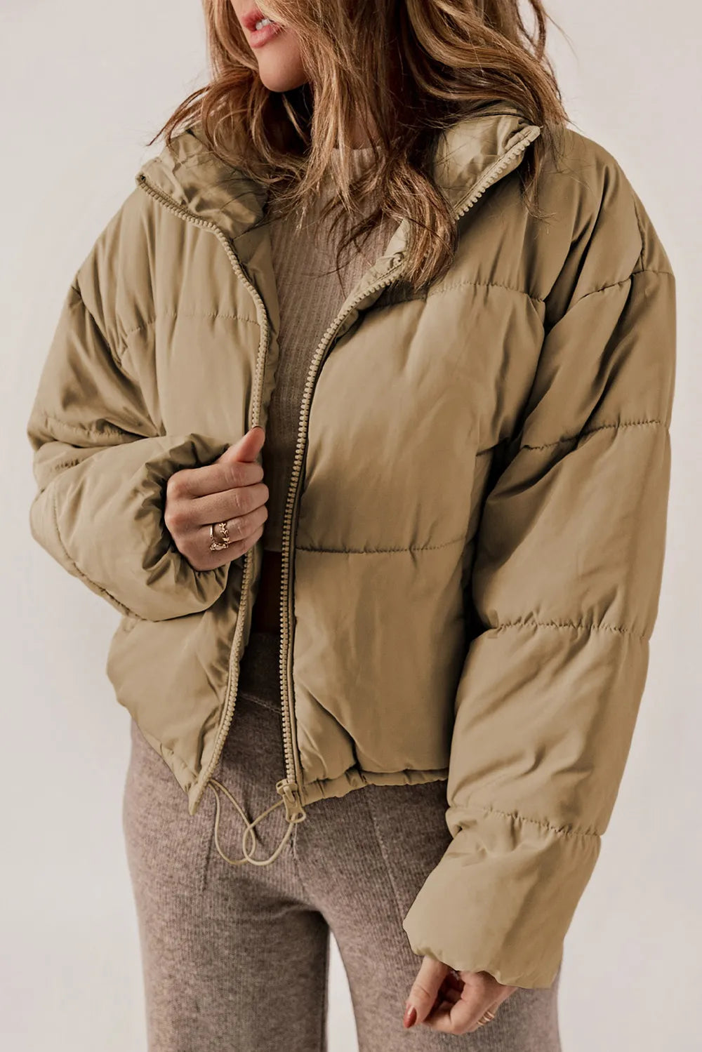Zip Up Collared Neck Long Sleeve Winter Coat - Fashorio