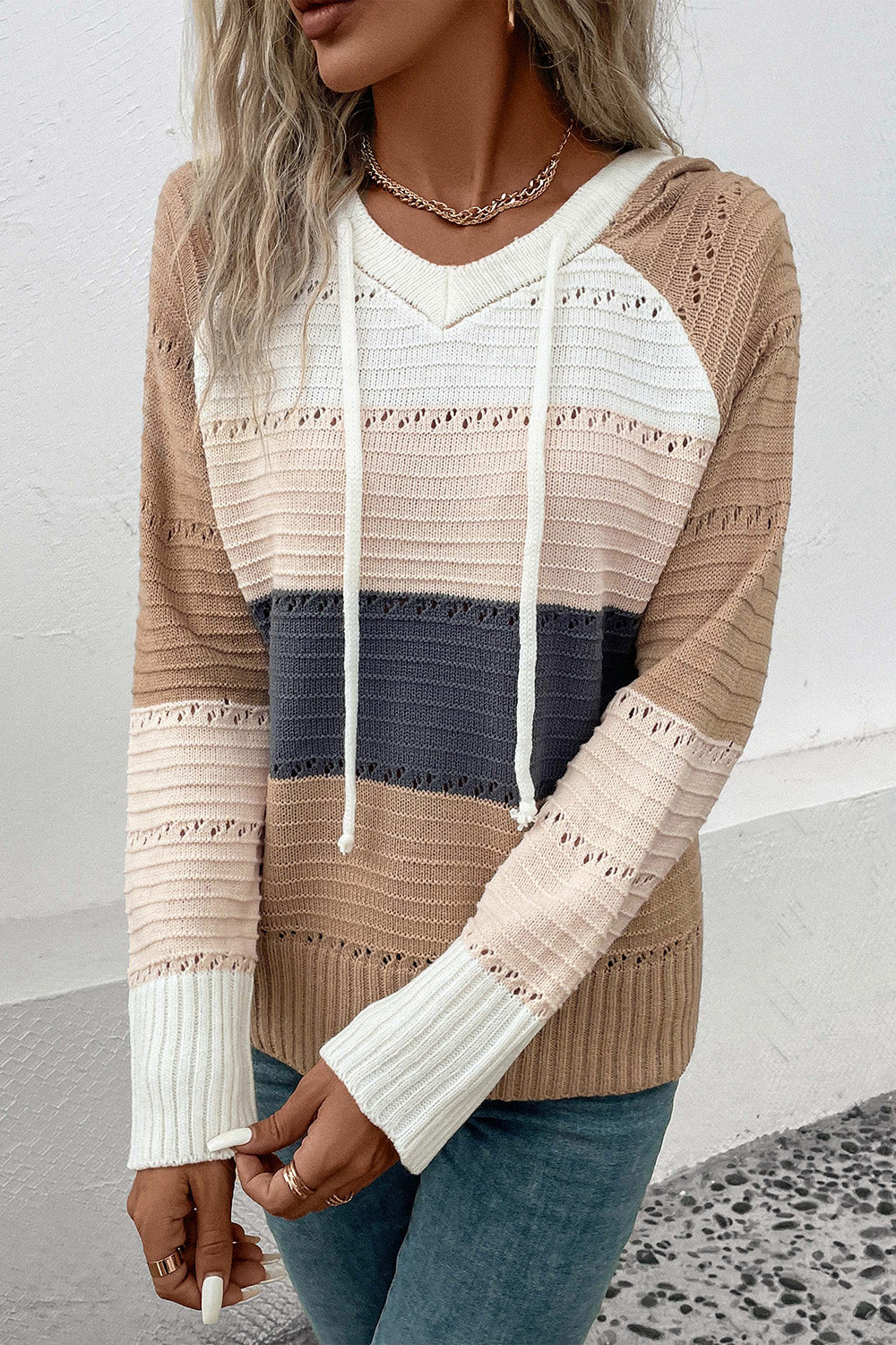 Perfee Color Block Drawstring Hooded Sweater - Fashorio