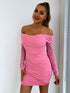 Glitter Ruched Off-Shoulder Long Sleeve Bodycon Dress - Fashorio