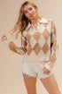 BiBi Diamond Pattern Collared Notch Neck Sweater - Fashorio