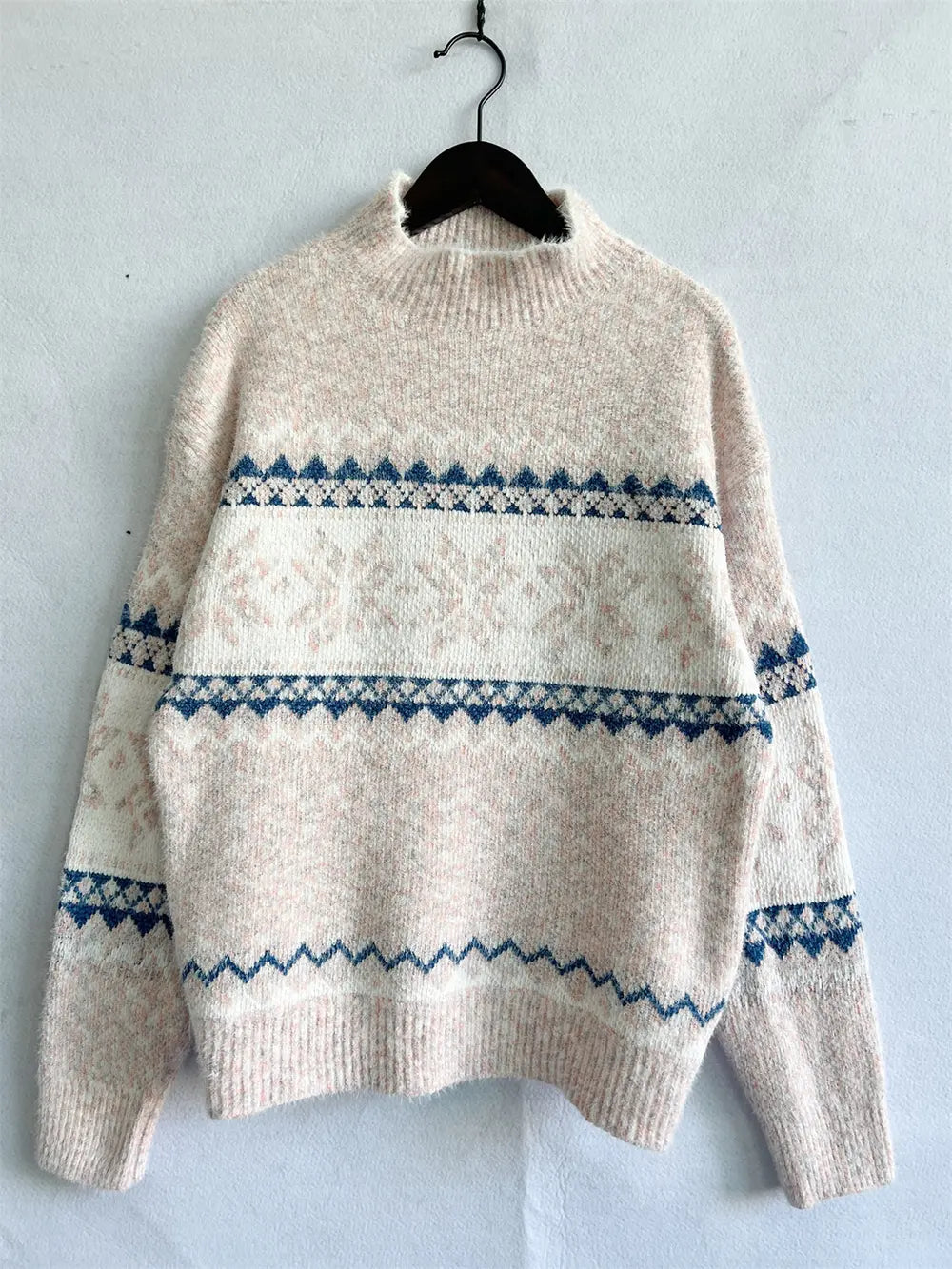 Geometric Mock Neck Dropped Shoulder Sweater - Fashorio