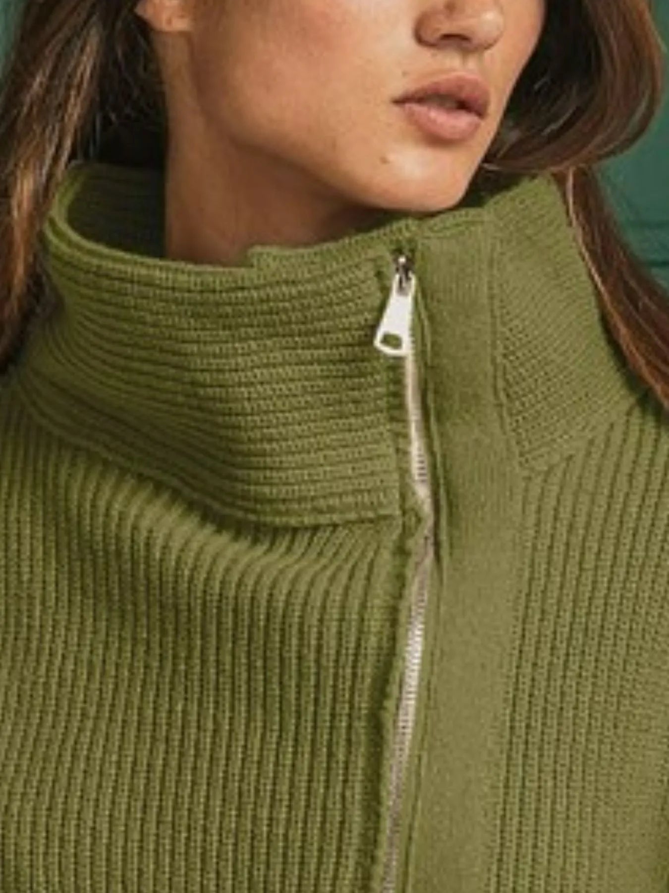 Olive Ribbed Zip-Up Sweater Jacket with High Neckline - Fashorio