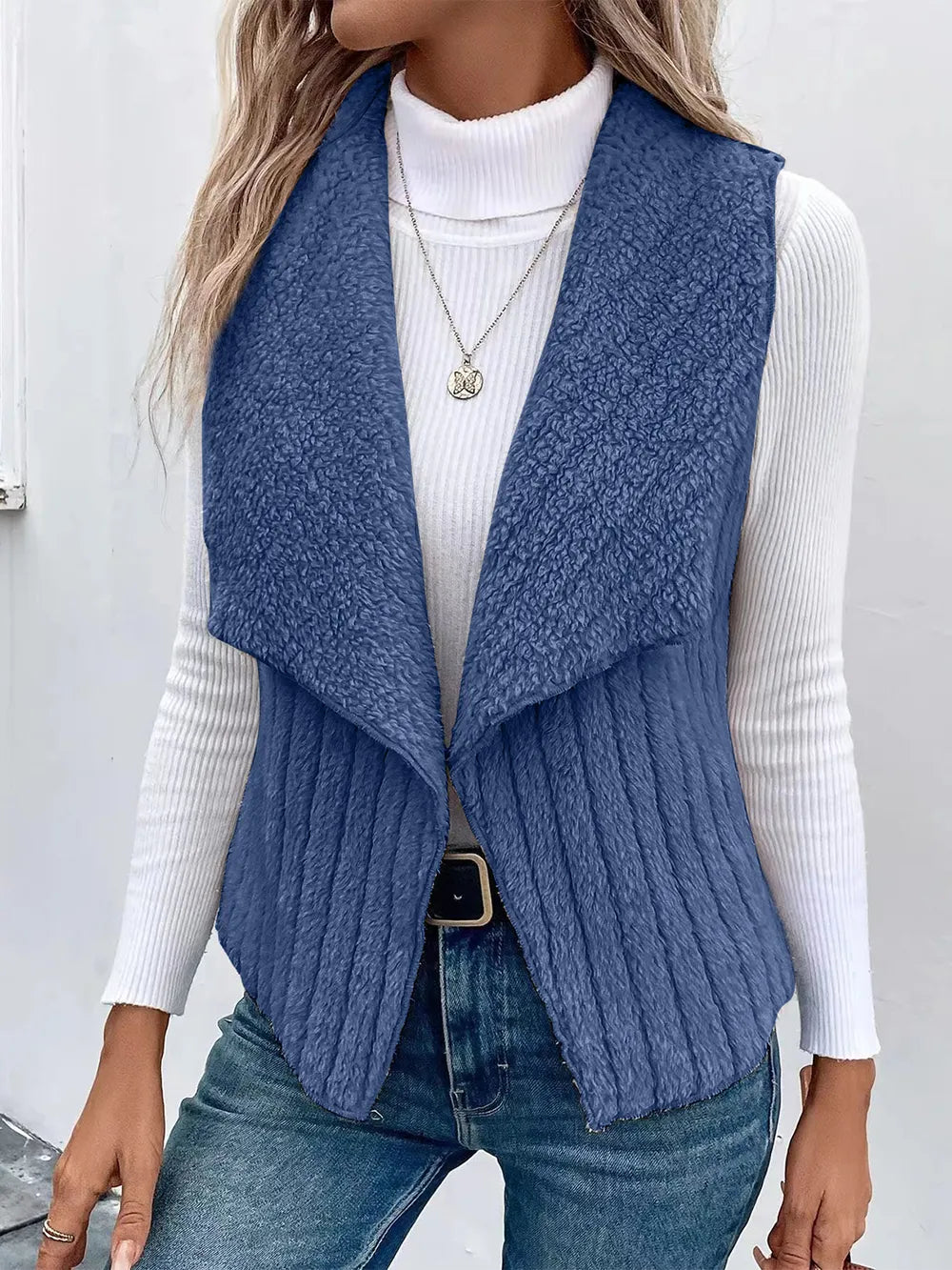 Open Front Fuzzy Vest Coat Dusty Blue - Fashorio