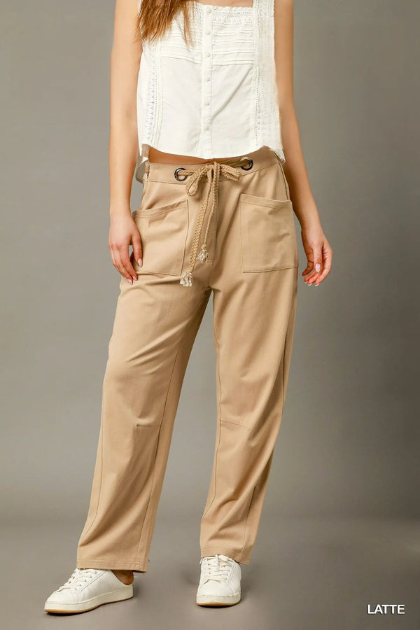 Umgee Cargo-Inspired Drawstring Pants LATTE - Fashorio