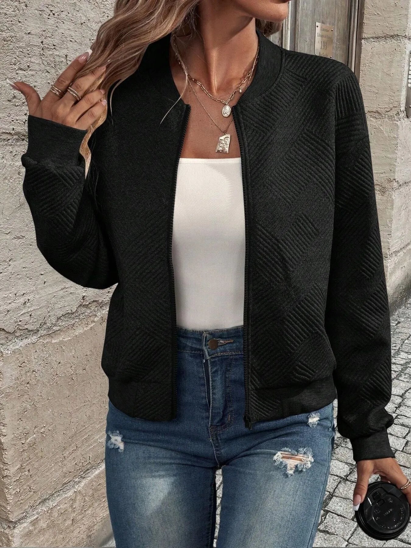 Textured Zip-Up Long Sleeve Jacket for Casual Layering - Fashorio