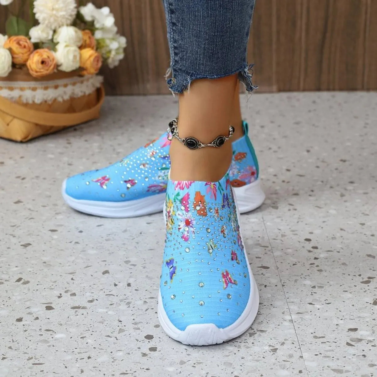 Rhinestone Floral Print Sneakers - Fashorio