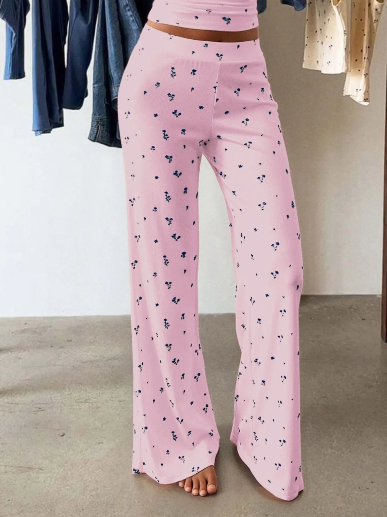 Floral Ribbed Cami and Wide Leg Pants Set - Fashorio