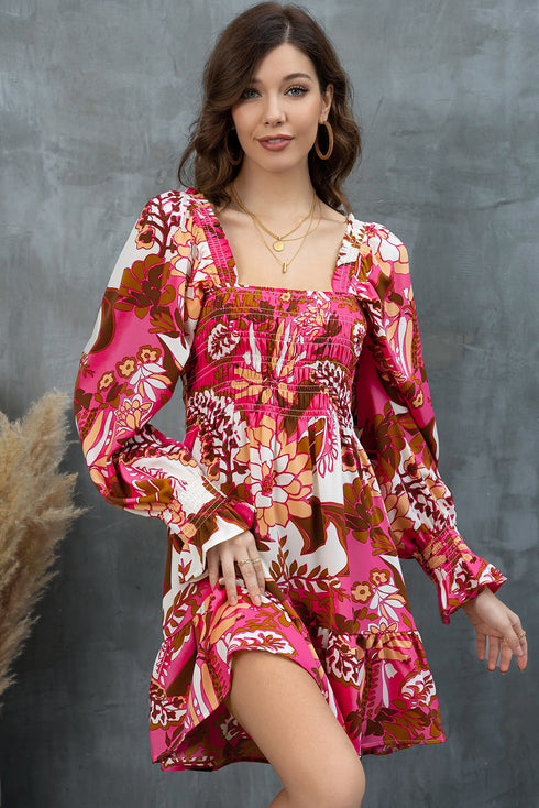 Floral Square Neck Flounce Sleeve Dress Multicolor - Fashorio