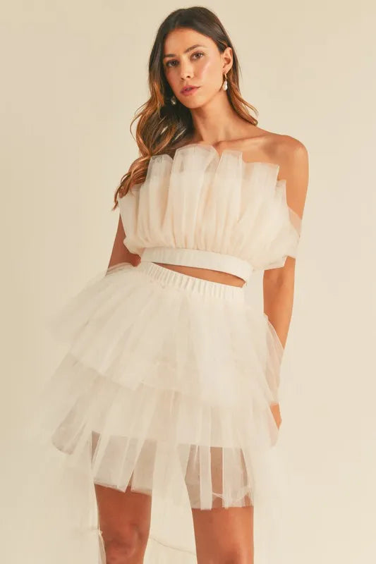 MABLE Tulle Tube Ruffle Crop Top and High Low Maxi Skirt Set Cream - Fashorio
