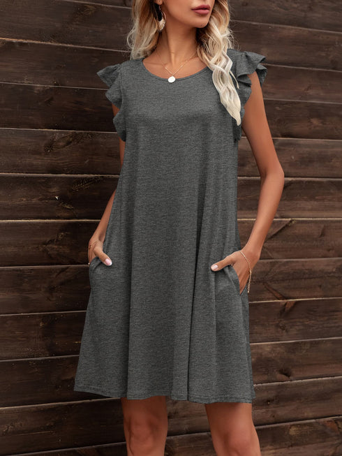 Round Neck Flutter Sleeve Dress with Pockets Dark Gray - Fashorio