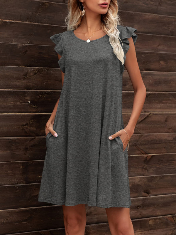 Round Neck Flutter Sleeve Dress with Pockets Dark Gray - Fashorio