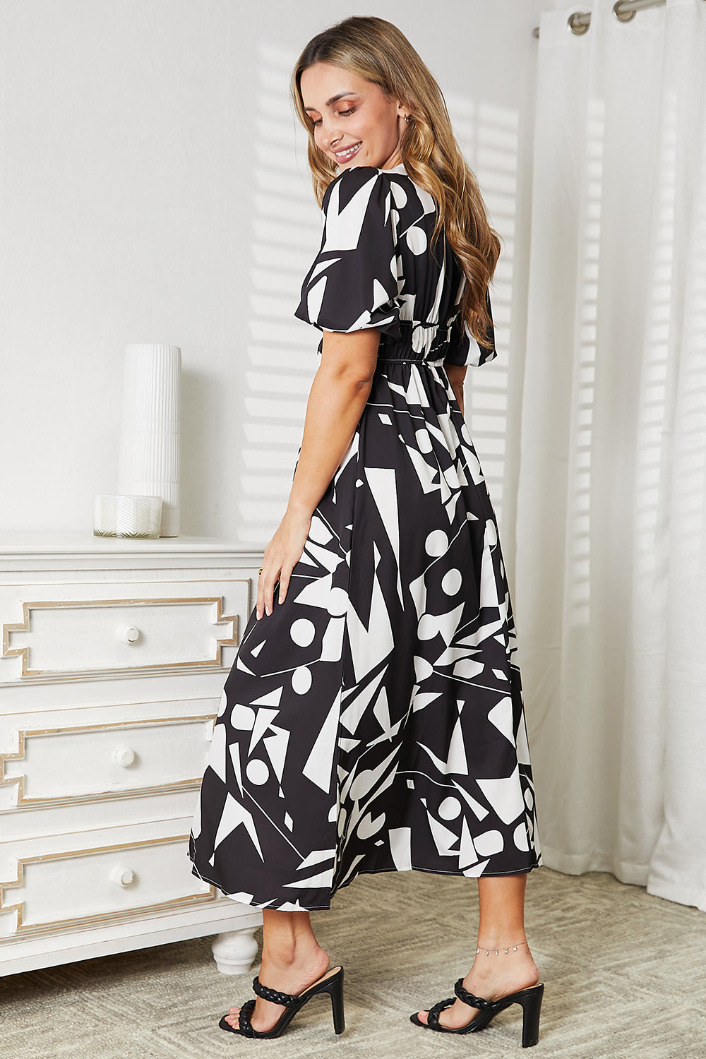 Printed Surplice Balloon Sleeve Dress - Fashorio