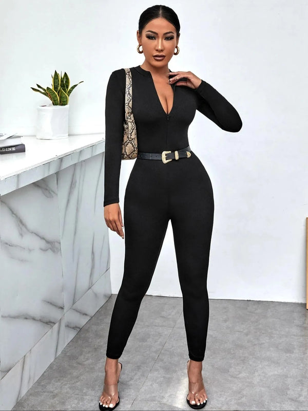 Long Sleeve Bodycon Jumpsuit Black - Fashorio